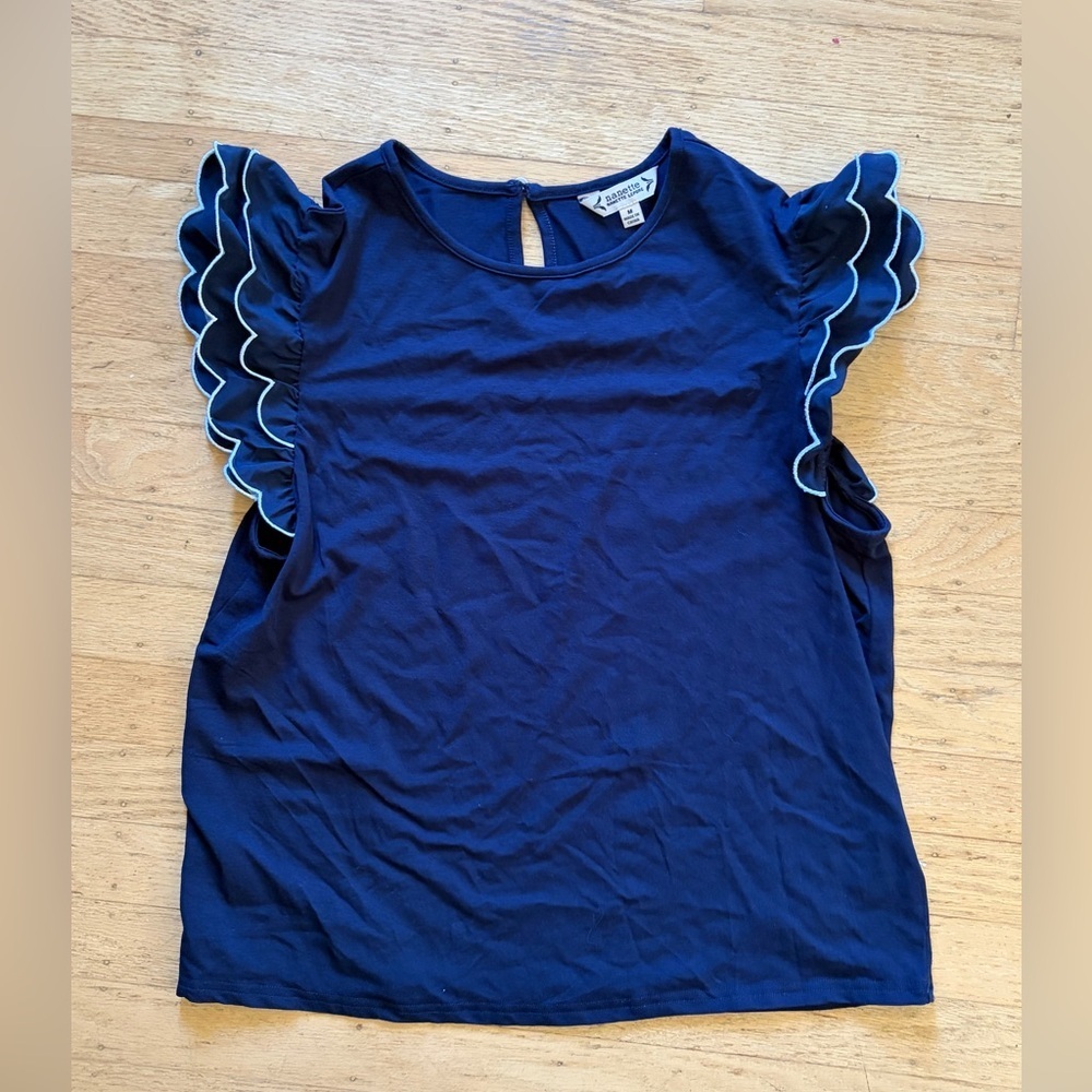 Nanette Lepore scallop trim ruffle sleeve cotton and modal tee shirt navy blue - Picture 1 of 6